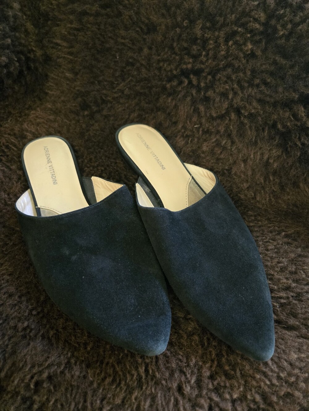 Adrienne Vittadini Black Pointed Suede Slip-On Mules